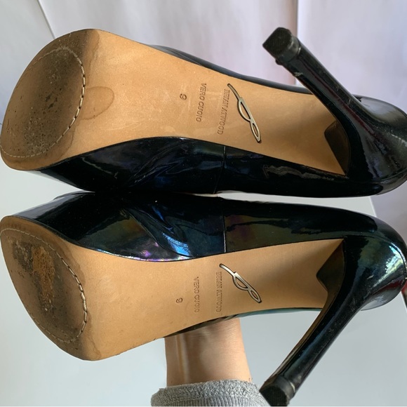 Brian Atwood Bambola iridescent patent leather Peep toe high heel Adriadic Black - Picture 9 of 13